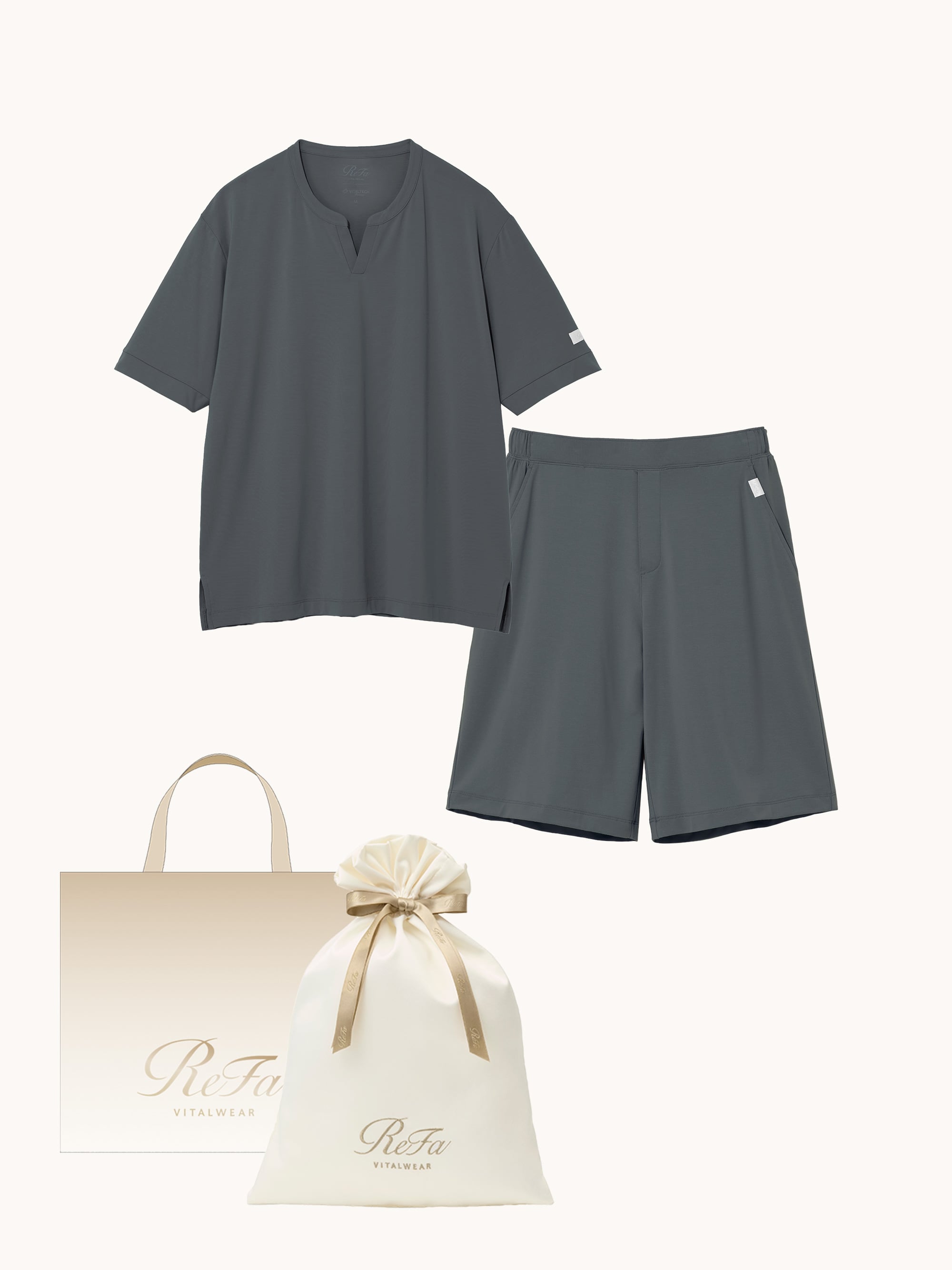 【ReFa VITALWEARギフトラッピングセットL & ショッパーM】リファ バイタルテック ストレッチスムース ショートスリーブプルオーバー&ストレッチスムース ショートパンツ/MEN