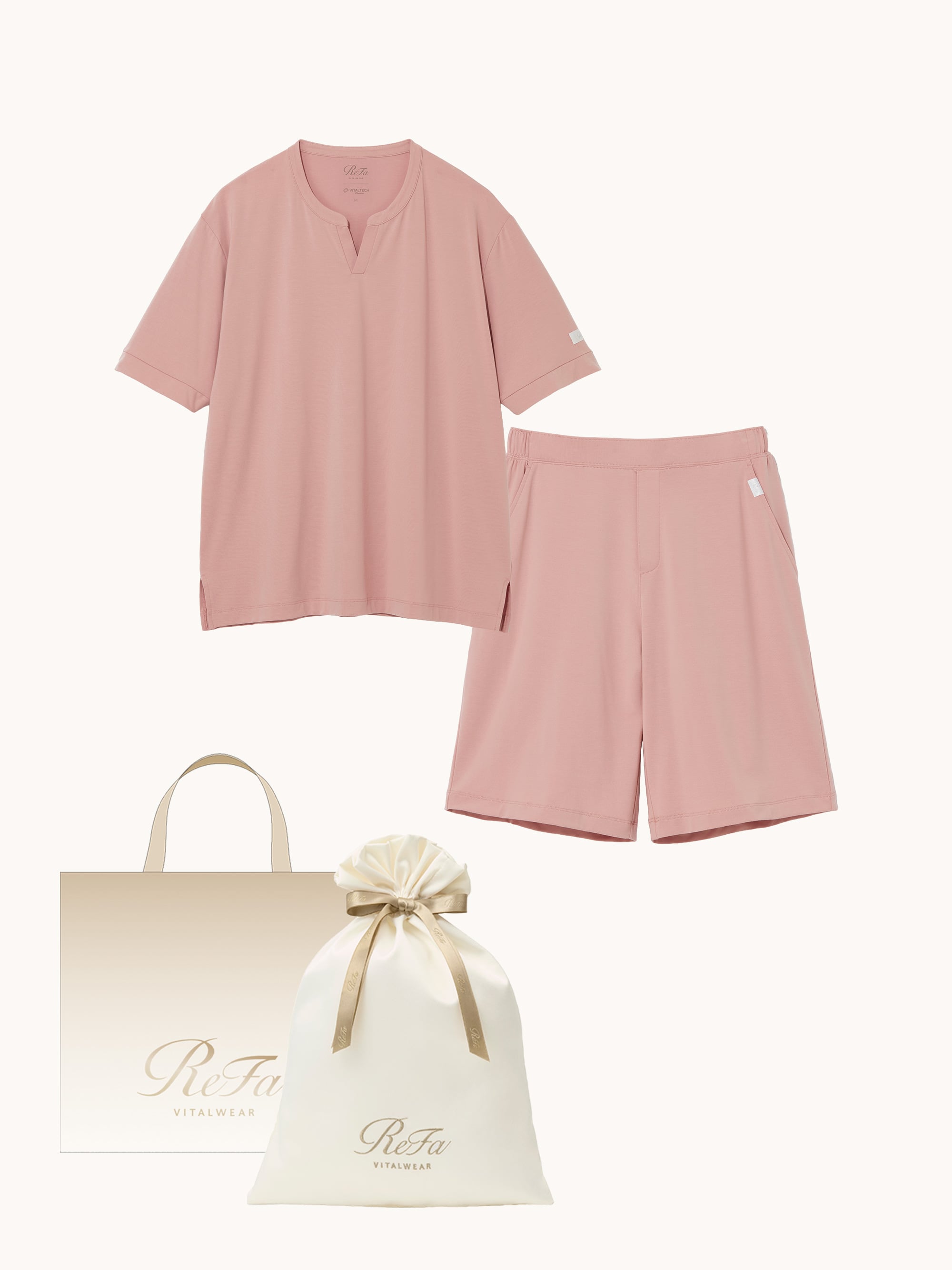 【ReFa VITALWEARギフトラッピングセットL + ショッパーM】リファ バイタルテック ストレッチスムース ショートスリーブプルオーバー&ストレッチスムース ショートパンツ/MEN ピンク SS