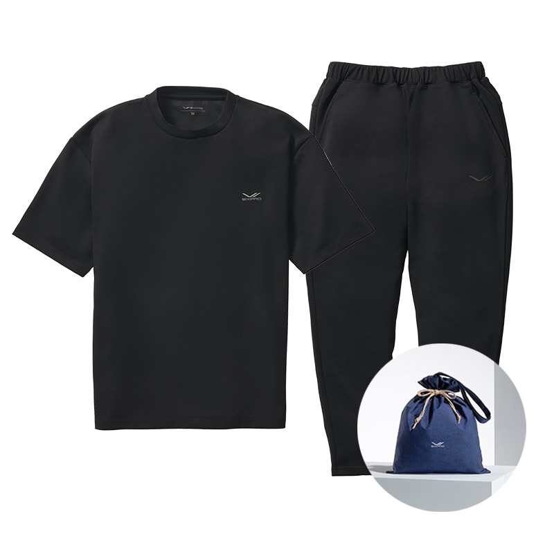 シックスパッド リカバリーウェア オーバーサイズTシャツ ブラック S & シックスパッド リカバリーウェア テーパードパンツ ブラック S & ギフト巾着バッグセット