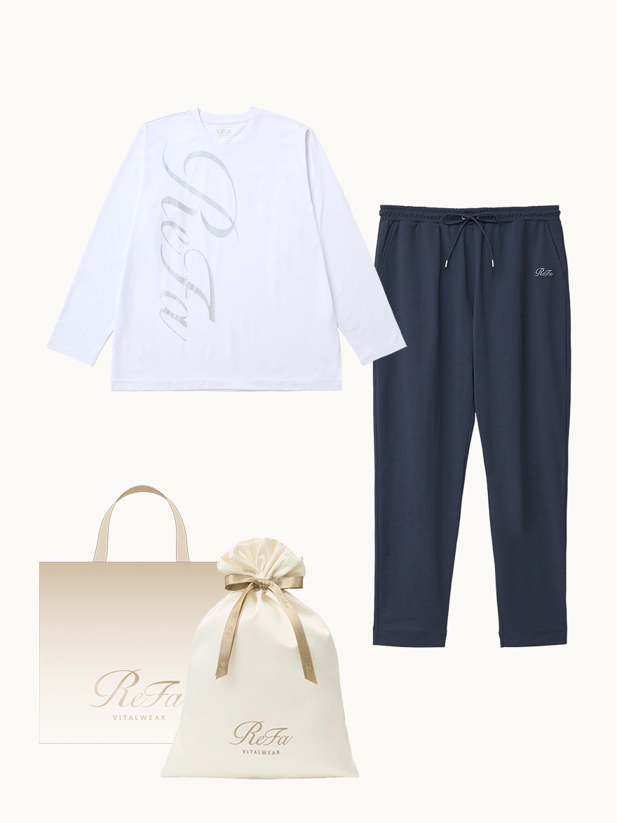 【ReFa VITALWEARギフトラッピングセットL & ショッパーM】リファ バイタルテック コンフォートジャージー クルーネックロングTシャツ リファロゴ シルバー S & リファ バイタルテック コンフォートジャージー テーパードパンツ ネイビー S
