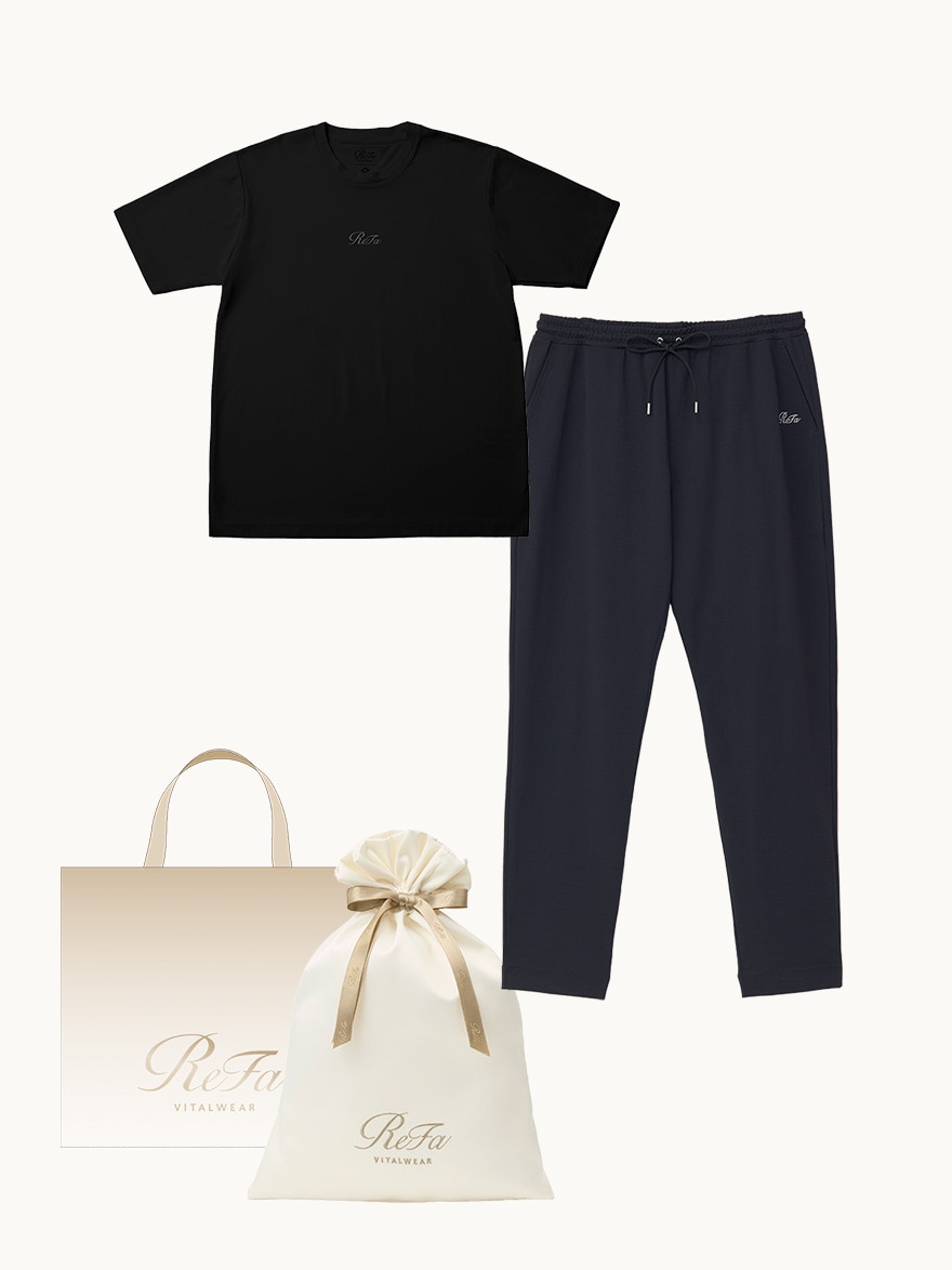 【ReFa VITALWEARギフトラッピングセットL & ショッパーM】リファ バイタルテック コンフォートジャージー クルーネックTシャツ ブラック M & リファ バイタルテック コンフォートジャージー テーパードパンツ ブラック M