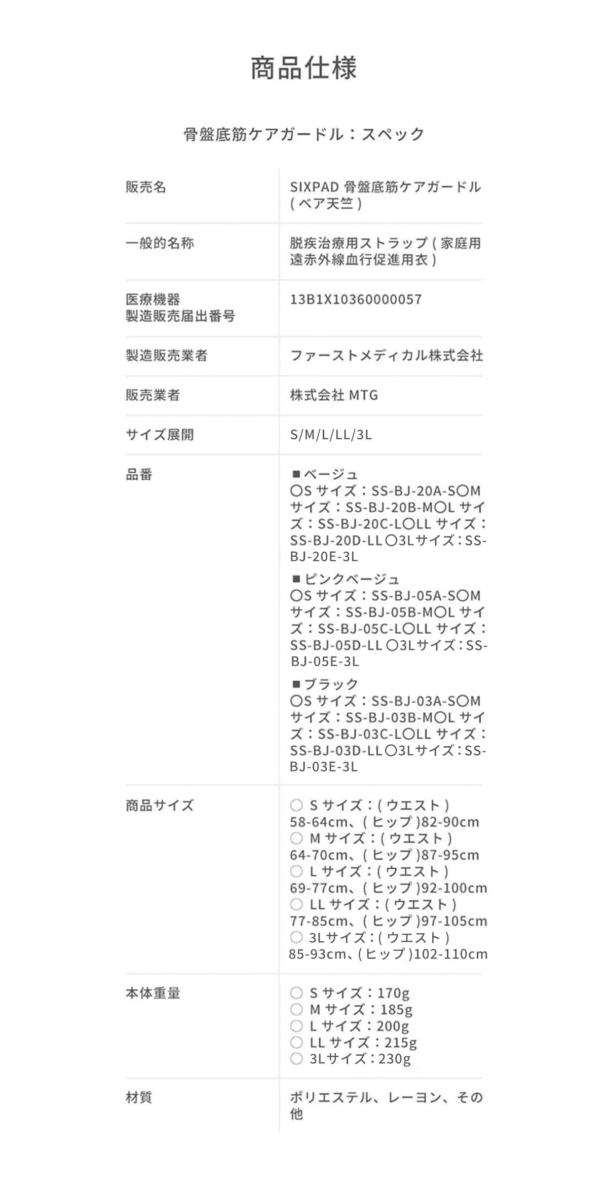 骨盤底筋ケアガードル スペック表