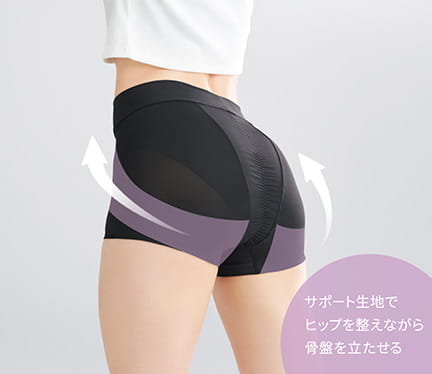 サポート生地でヒップを整えながら骨盤を立たせる